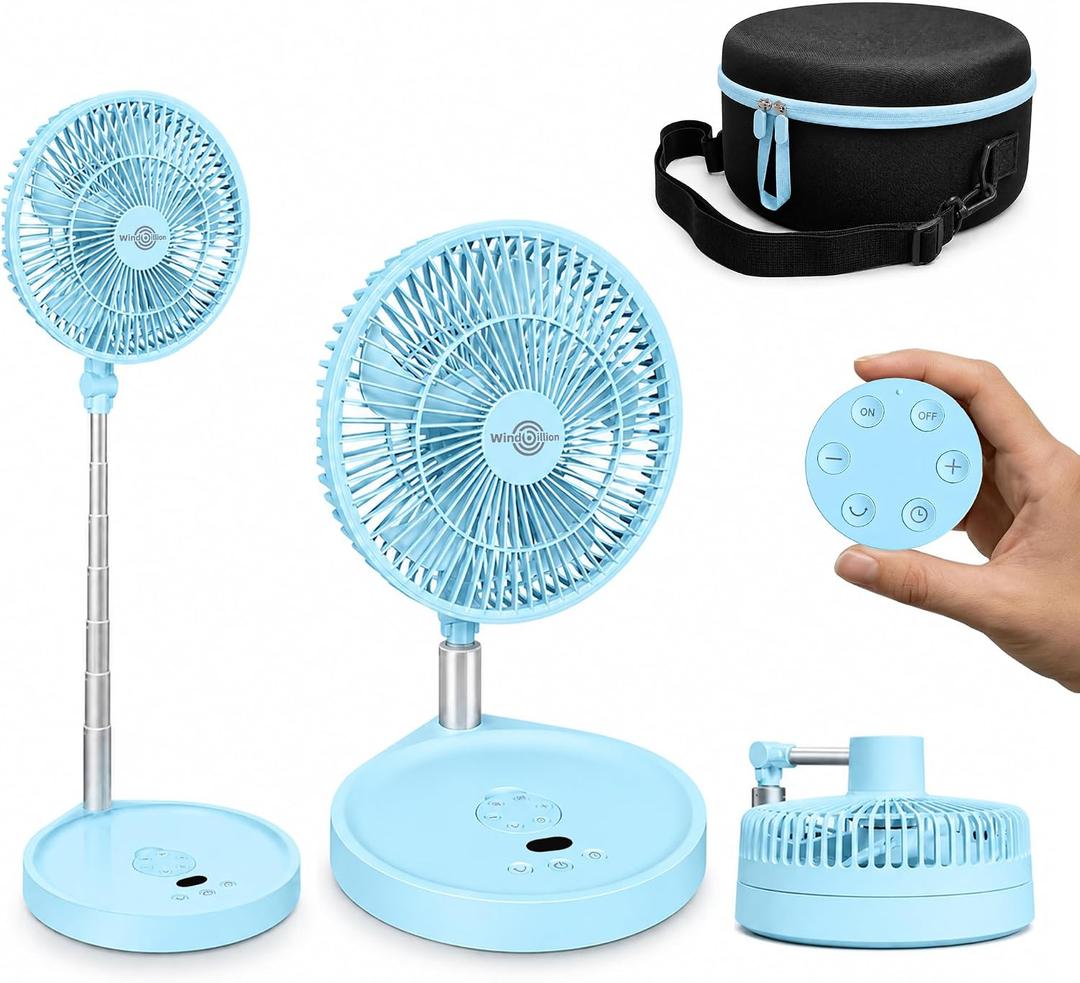 Portable Pedestal Rechargeable Fan, H6 Foldable Standing and Desk Fan, 16000mAh Cordless Collapsible Design with Remote, 5 Speeds, Quiet Airflow, USB-C, Power Bank, Screen, Blue