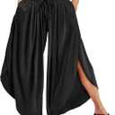 TARSE Womens Linen Wide Leg Split Skirt Pants Boho Loose Palazzo with Elastic Waist Drawstring 2025 Beach Vacation Pants (X-Large, Black)
