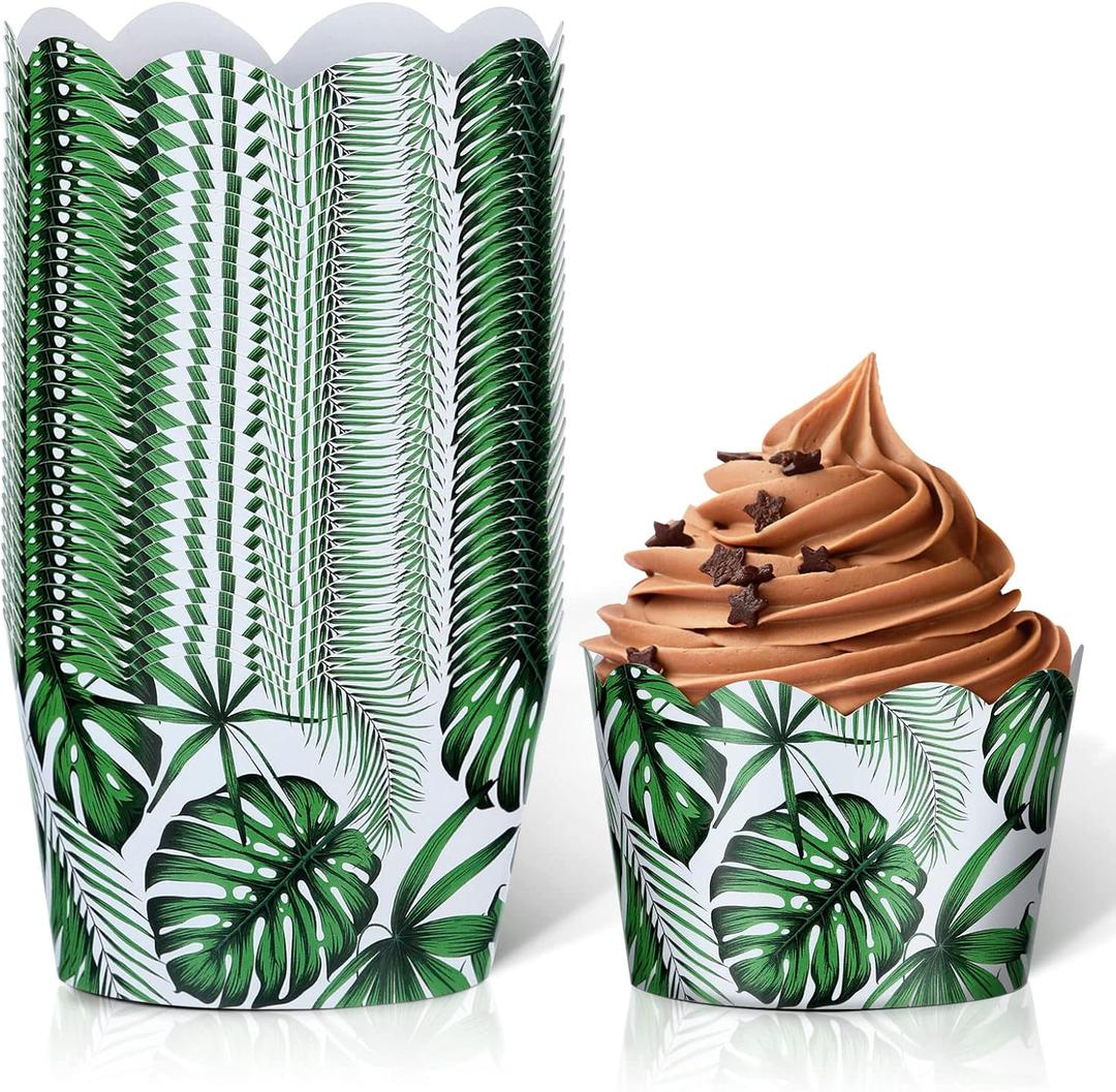 Cunhill 36 Pack Tropical Cupcake Liners Safari Cupcake Wrappers Green Palm Leaves Wrappers Reversible Jungle Paper Baking Cups Tiki Luau Parties Muffin Tropical Cups for Luau Party Decor