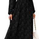 Simplee Womens Boho Floral Long Sleeve Maxi Dress V Neck Empire Waist Fall Wedding Guest Dresses with Pockets (Black), XL