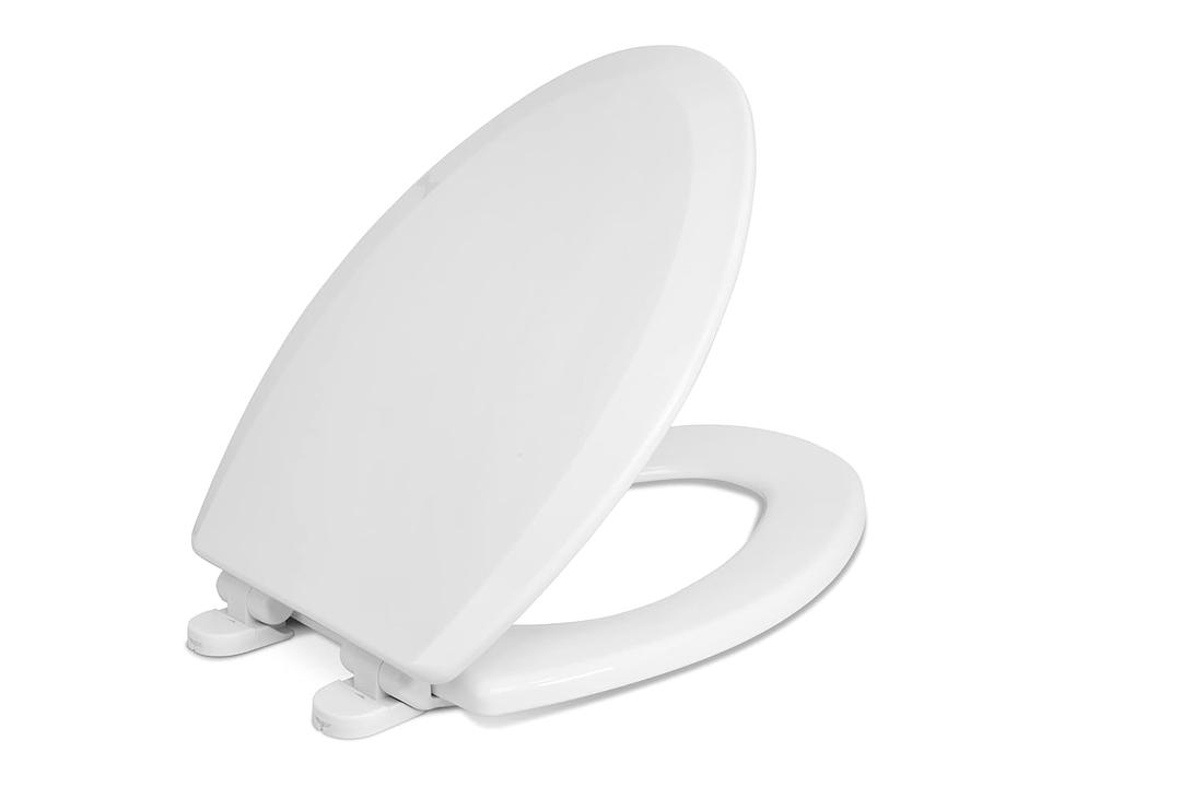 Centoco Elongated Toilet Seat, Heavy-Duty Wood Core with Plastic Scratch-Resistant Finish, Soft Close, Made in the USA, 900SC-001, White