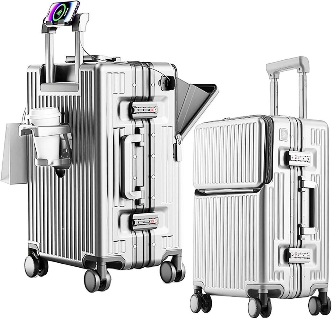 2-Piece Hardshell Zipperless Luggage Set, 20/26" Aluminum Frame Hardshell Spinner Luggage, Airline Approved Carry-On Luggage, TSA Lock, 360 Quiet Wheels With Cup Holder (silver)
