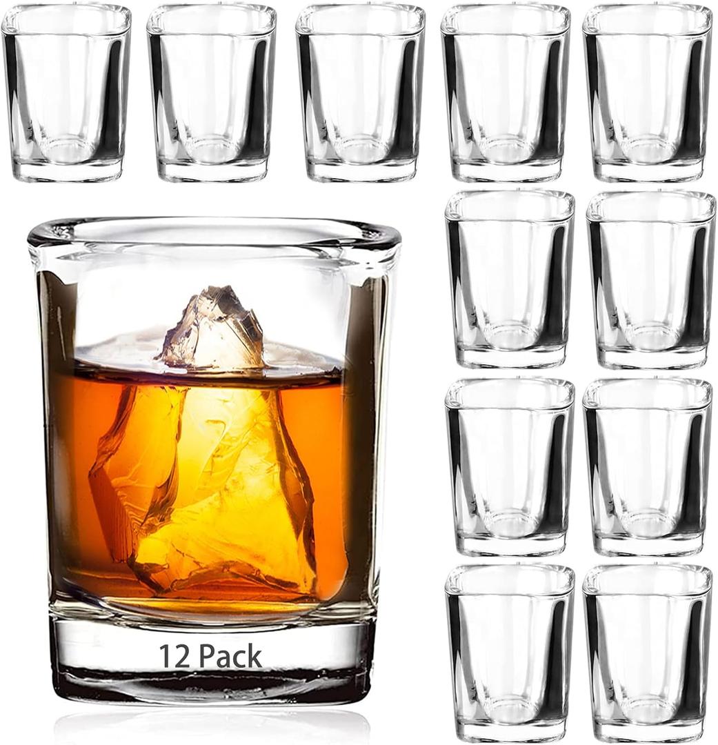 Ruckae Pack of 12 2 OZ Shot Glasses Set Clear Shot Glasses Bulk with Heavy Base Bar Square Glass Shot Cups for Vodka Tequila Whiskey Liquor (Transparent)