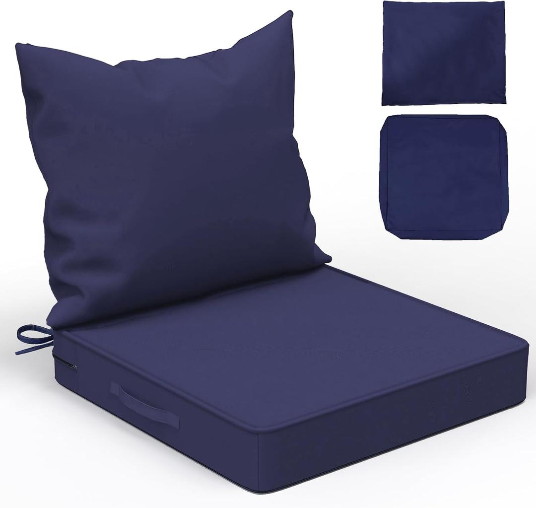 Patio Chair Cushions with Two Replaceable Cover Sets 24x24 Inch, Waterproof Fade Resistant Outdoor Cushions for Patio Furniture, Edge Binding Design with Handle, Adjustable Straps & Hidden Zipper