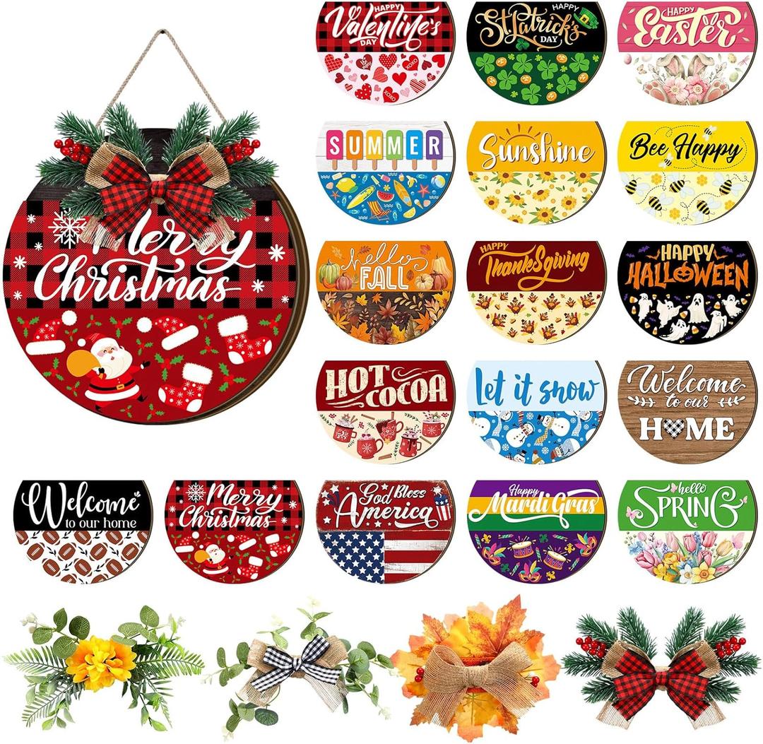 Vicenpal Interchangeable Welcome Sign for Front Door with 17 Magnetic Icons, Wooden Seasonal Front Porch Door Decor with 4 Seasonal Wreaths and 17 Changeable Icons for Holiday Party