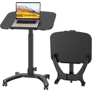 BONTEC Mobile Foldable Standing Desk, Portable Adjustable Height Desk with Gas Spring, Small Rolling Laptop Desk with Wheels for Home, Office, Bedroom, and Medical Use, 25.6" x 19.7" Desktop, Black, 650mm*480mm*724mm
