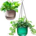 Melphoe 2 Pack Self Watering Hanging Planters Indoor Flower Pots, 6.5 Inch Outdoor Hanging Plant Basket, Hanger with 3Hooks Drainage Holes for Garden Home (Emerald + Gray)