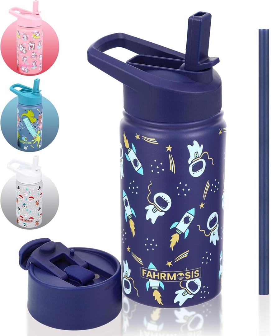 FAHRMOSIS 14 OZ Kids Water Bottle with Straw & 2 Lids (Flip & Spout) Leak Proof Metal Insulated Stainless Steel Reusable Tumbler for School & Sports Water Bottle - Black (Space)