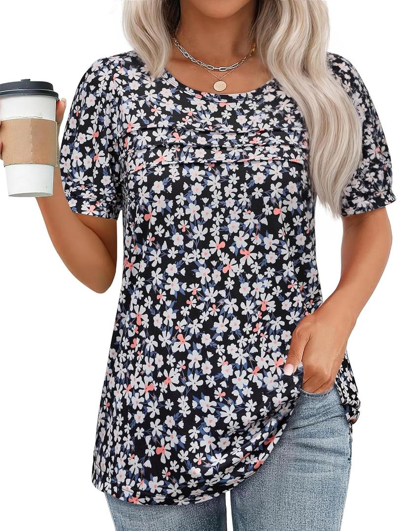 Womens Summer Short Sleeve Tops Pleated Shirts Crewneck Outfit Puff Sleeve Blouses Casual Tunic Blue Flower (X-Large, Black White Flower)