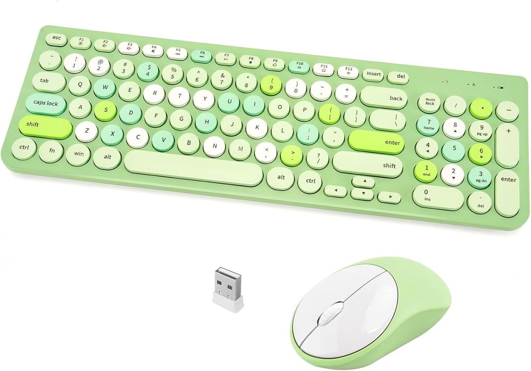 Wireless Keyboard and Mouse Combo, Retro Typewriter Keyboard with Round Keycaps, 2.4GHz USB Cute Wireless Keyboard Mouse for Computer, Desktop, Laptop (Green Colorful)