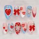 30Pcs Valentines Press on Nails Medium Almond French Tip Fake Nails with 3D Bow Rhinestones Design Heart Red Lips False Nail Pink Blue Cute Almond Tips Acrylic Nails Full Cover Glue on Nail for Women