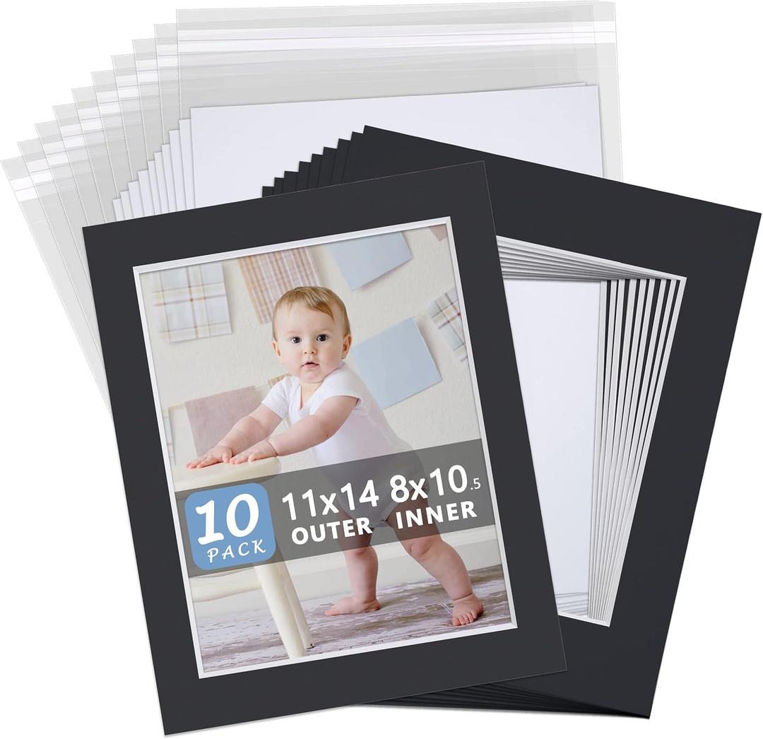 Somime 10 Pack Black Picture Frame 11x14 Mat Board,White Core Bevel Cut Mats 8.5x11, Whole Frame Mat Kit Includes 10 Picture Photo Mattes & 10 Backings & 10 Krystal Sleeve Bags