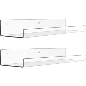 Upsimples Acrylic Shelves for Bathroom Storage, 15" Floating Shelves Wall Organizer for Perfume, Make up, Skincare, Kids Bookshelf for Bedroom, Nursery, Living Room Decor, Clear, 2 Pack