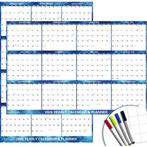 24" x 36" 2026 Wall Calendar Dry Erase - Large Starry Sky Calendar Wet & Dry Erasable Laminated 12 Month Annual Yearly Planner, Reversible, Horizontal/Vertical, with Major Holidays Julian Dates, 2 Pack