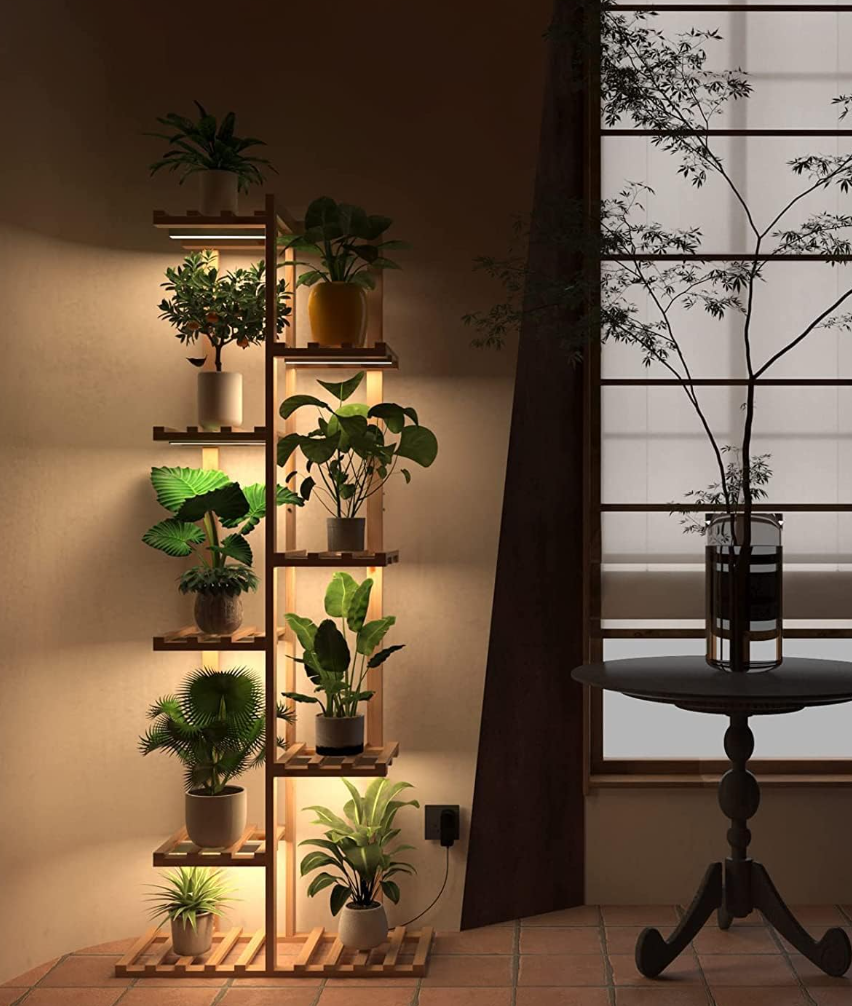Solatmos Bamboo Plant Stand With Grow Lights Indoor Plants Outdoor Corner Plant Shelf Flower Stands for Living Room Patio Garden Corner Balcony (Wood, 8 Tier)