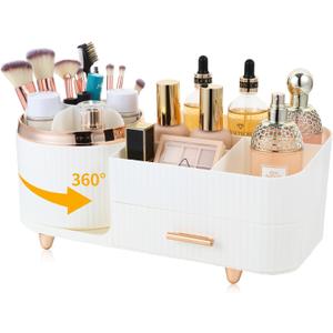 Makeup Organizer Countertop with Drawer 360 Rotating Brush Holder Storage Large Capacity Skincare Cosmetic Display Cases for Vanity Bathroom Desktop, Model 3016 White