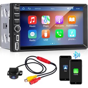 Double Din Car Stereo with Wireless Apple CarPlay & Android Auto, 7" Touchscreen Car Radio Receiver W/Bluetooth, Backup Camera, Mirror Link, AM/FM (UN-1701C)