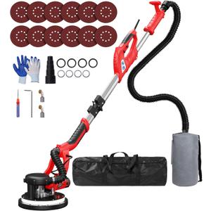 Drywall Sander, 2025 Upgraded 8-Amp Popcorn Ceiling Removal Tool with 7 Variable Speed 800-1800RPM, Drywall Sander with Vacuum Dust Collector with Extendable Handle, LED Light, 12pcs Sanding Discs,Red