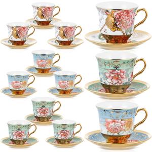 Set of 12 Tea Cups and Saucers Tea Party Decorations Floral Porcelain 5.4 oz British Gift for Women Birthday Party, Church, and Mother's Day (Classic Style)