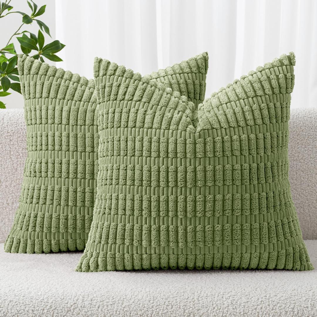 MIULEE Pack of 2 Corduroy Decorative Euro Sham Throw Pillow Covers 24x24 Inch Soft Boho Striped Pillow Covers Modern Farmhouse Home Decor for Summer Sofa Living Room Couch Bed Sage Green