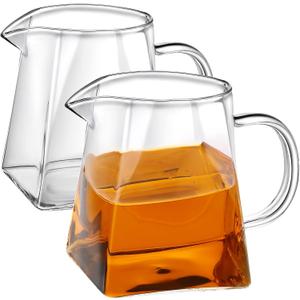 Leinuosen 2 Pcs Small Glass Creamer Pitcher with Spout Milk Frothing Pitcher Elegant Shaped Glass Coffee Tea Milk Creamer Jug Creative Milk Frother Cup(square Style,350 Ml)