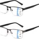 Missfive 2 Pack Mens Quality Progressive Multifocus Reading Glasses Blue Light Blocking, Man Spring Hinge No-Line Multifocal Readers Half Frame Metal Eyeglasses (Workspace For Near Range, 2.5x) (Multifocal,non-0 Lens Top/ 1 Black+1 Gunmetal)