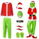 9PCS Christmas Green Monster Costume for Men, Adult Santa Costume with Mask, Coat, Belt, Gloves, Pants, Socks 2xl