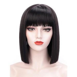 Short Black Wigs for Women Costume 12'' Black Bob Wig with Bangs Cute Natural Soft Hair Wigs for Daily Party AD016BK1