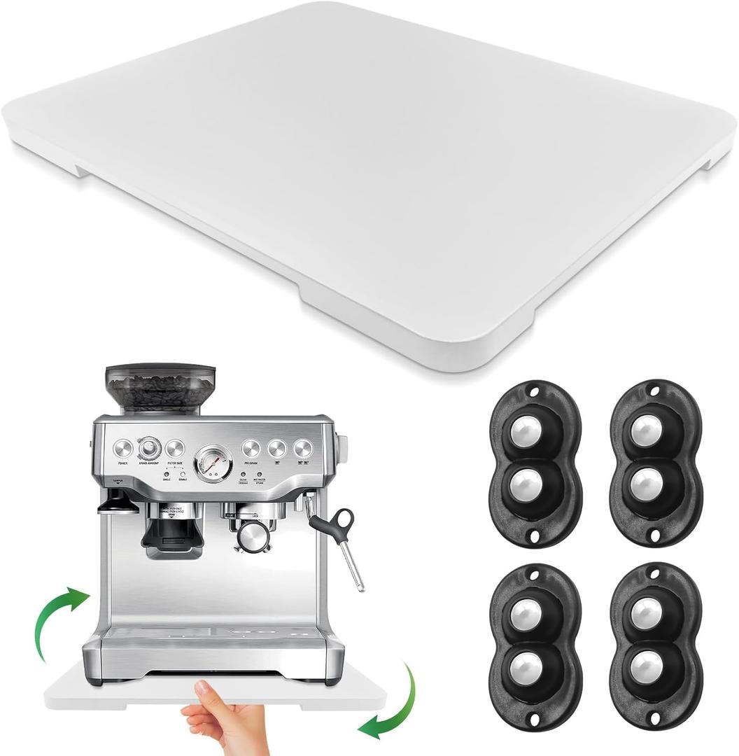 Appliance Slider 360 Rolling Tray for Coffee Maker- Bamboo Coffee Pot Slider Tray for Countertop Rotation Sliding Tray with Wheels, Appliances Mat Easily from Under The Cabinet White (15.7"13")