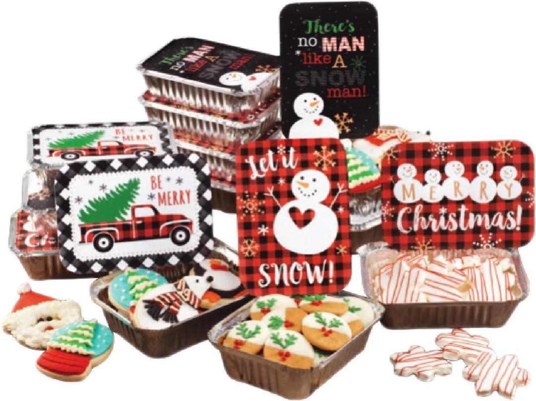 2 x GIA'SKITCHEN Disposable Aluminum Pans with Lids, 24 Piece, Set of 12 - Heavy Duty Foil Pans with Lids Perfect for Leftovers, Holiday Treats, Gift Giving - Assorted Snowman Rectangular