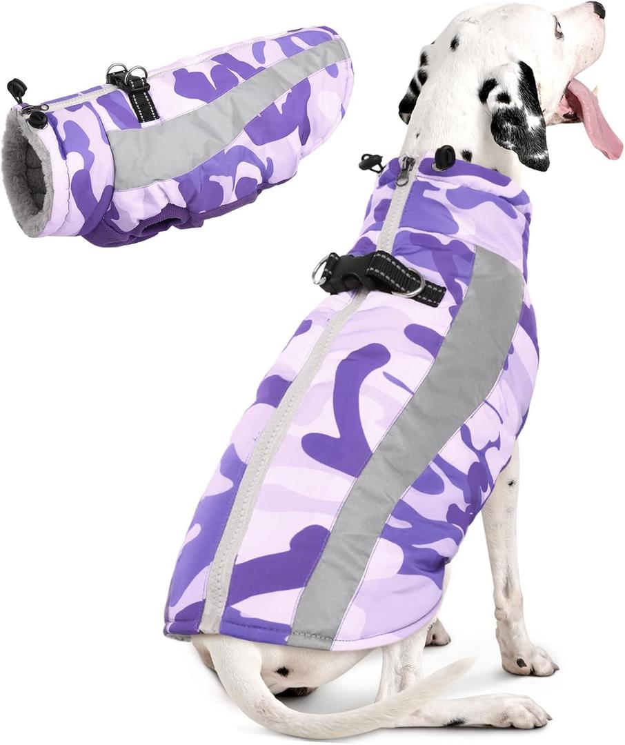 FUAMEY Dog Winter Jackets for Large Dogs, Dog Coat with Harness Built in, Waterproof Dogs Snowsuits Warm Pet Jacket Zip Up Fleece Cold Weather Coats Reflective Puppy Vest with Pocket Blue 3XL (Large(chest:24in), purple)