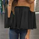 SweatyRocks Women's Sexy Cute Off Shoulder Ruffle Hem Flowy Chiffon Blouses Top (Black, XL)
