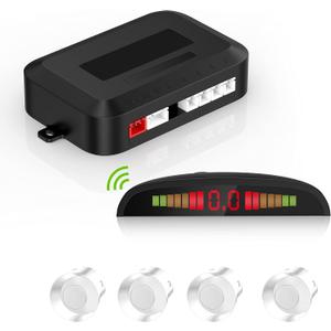Cordless Parking Sensor, Reverse Radar System with 4 Car Backup Sensors, LED Distance Display with Sound Warning + 4 White Parking Sensors for Cars, Vans, RVs, and Trailers