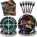 96 Pcs Laser Tag Party Supplies Disposable Glow Neon Plates Napkins Forks Tableware Set Laser Tag Party Favors for Kids Boys Girls Neon Glow Shooting Game Laser Tag Birthday Decorations, Serves 24