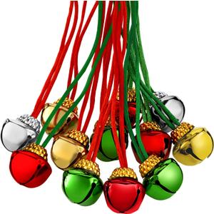 72 Pieces Christmas Bell Necklaces Christmas Holiday Decoration Bell Necklaces Golden and Silver Bells Xmas Hanging Bells Xmas Crafts, 8 Styles