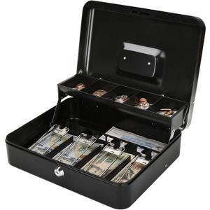 Jssmst Large Cash Box with Lock - Metal Money Box 100% Safe, 11.8L x 9.5W x 3.5H Inches, Black, SM-CB0501L