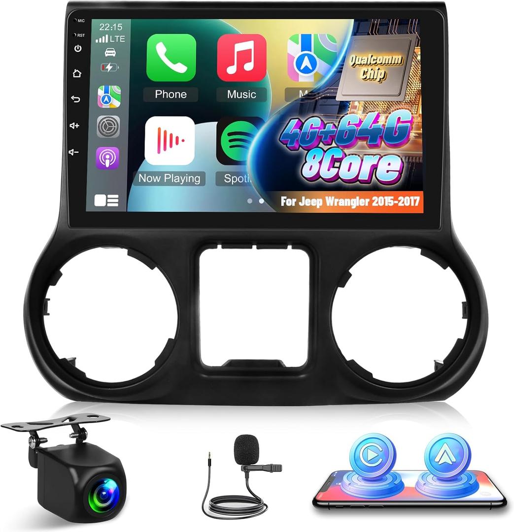 Qualcomm 8 Core [4+64G] Car Radio for Jeep Wrangler 2015 2016 2017, 10.1 inches Android Touchscreen Jeep Wrangler Stereo, Carplay&Android Auto/FM RDS/EQ Audio/Bluetooth 5.1/SWC