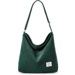 KALIDI Corduroy Tote Bag for Women Casual Zipper Tote Handbag Large Crossbody Hobo Shoulder Bag Work Fashion Women Purse (Dark Green)