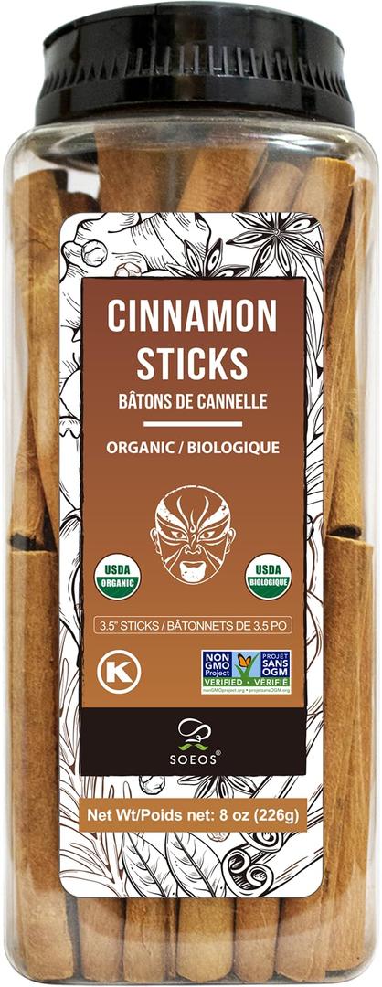 Soeos Organic Cinnamon Sticks, 8 oz (226g), 3.5" Length, 100% Raw, Non-GMO, Kosher Certified, Whole Cinnamon Sticks Seasoning Spice for Coffee, Baking, Cooking and Beverages (EXP 07/10/27)