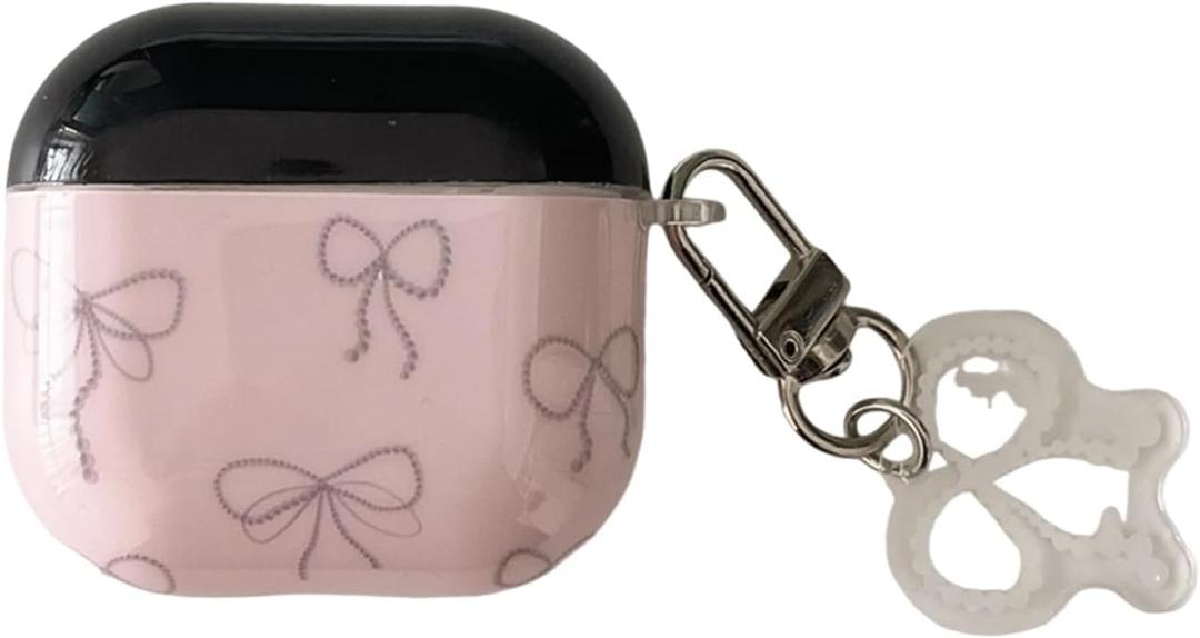 Cute Bow Black Pink Case for Airpods Pro/Pro 2 with Keychain,Kawaii Vintage Trendy Pearl Bowknot Classy Aesthetic Retro Chic Design Protective Cool Girls Women Cover for Airpod Pro/Pro 2nd Gen