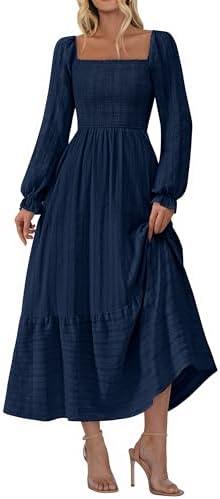 BTFBM Women Maxi Spring Dresses 2026 Long Sleeve Solid Color Square Neck Smocked Boho Long Wedding Guest Dress,Large