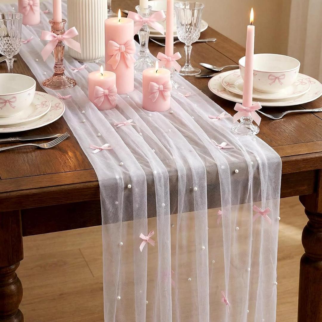 Pearl Bow Table Runner 30 x 120 Inch Pink Tulle Lace Table Runner Coquette Boho Valentine Decorations for Wedding Arch Birthday Party Bridal Veil Baby Shower Decor