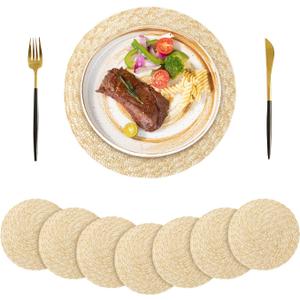 Round Woven Placemats Set of 8, Natural Straw Hand-Woven Boho Place Mats Non-Slip Heat Resistant Table Mats for Farmhouse Kitchen Dining Room (9.45inch)