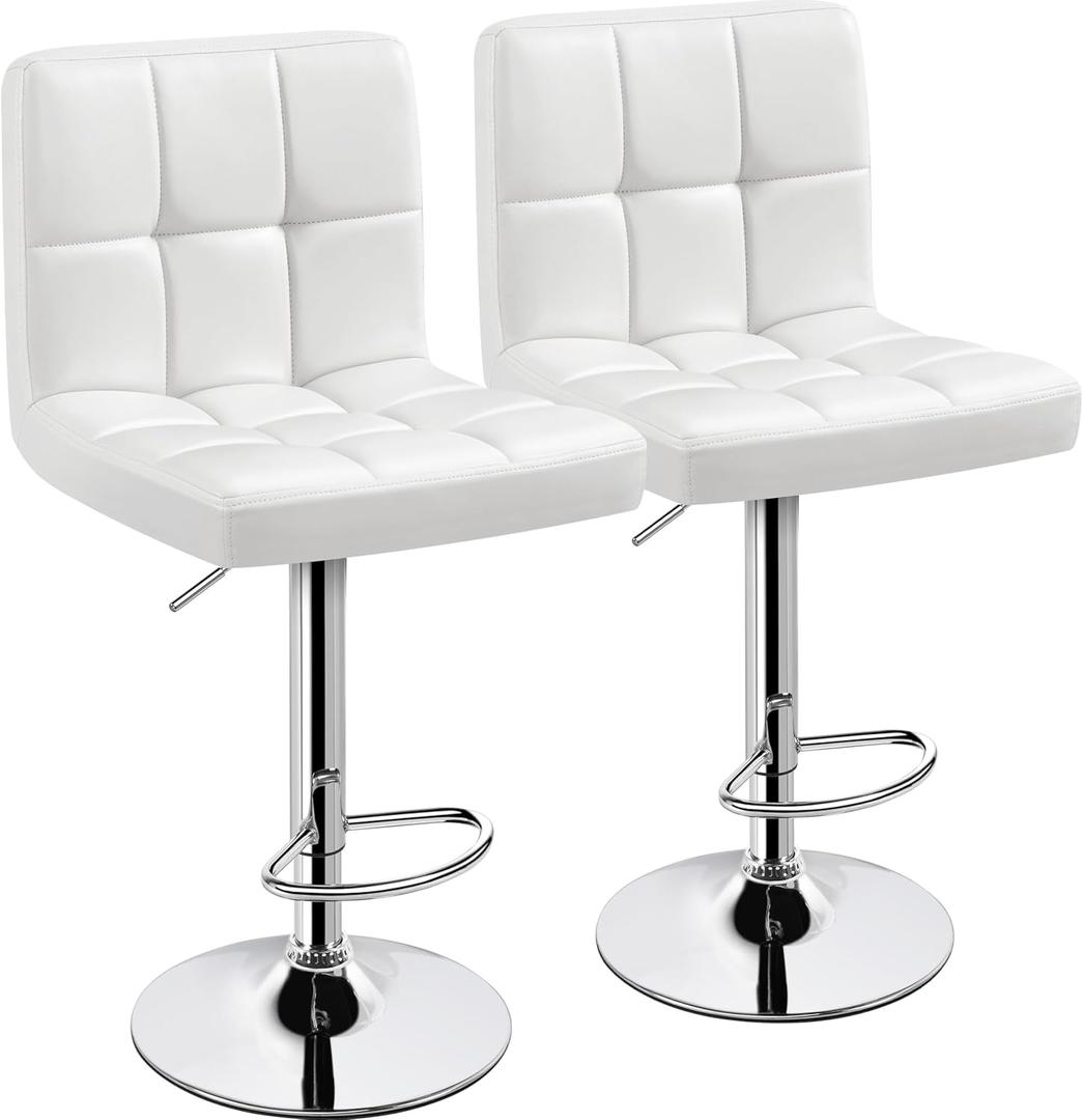 Yaheetech Bar Stools Set of 2, PU Leather Adjustable Swivel Barstools, Armless Hydraulic Kitchen Counter Bar Stool, Kitchen Island Chairs Set of 2, White