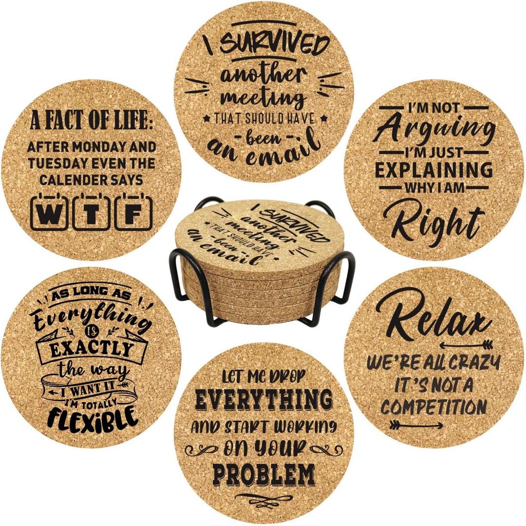Office Gifts for Coworkers, Novelty Gifts for New Colleagues Employees Boss, Funny Office Desk Coasters, 6 Pcs Drink Coasters with Metal Holder, Birthday Housewarming Gifts for Men Women