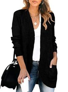KIRUNDO Cardigan Sweaters for Women 2024 Fall Open Front Long Sleeve Loose Lightweight Knit Sweater Coat with Pockets (Black, Small)