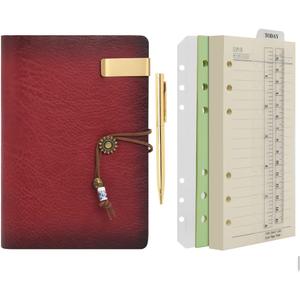 Wonderpool Leather Journal A6 Refillable 6 Ring Binder Notebook with Lined Paper and Pen,Writing Diary for Work Travel and Agenda Plan (A6, Wine red)