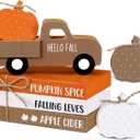 7 Pcs Thanksgiving Fall Table Decor Farmhouse Wooden Fall Signs with Book Stack 3D Truck and Pumpkins for Tiered Tray Autumn Wooden Table Centerpiece for Harvest Mantle Home Bookshelf Gift