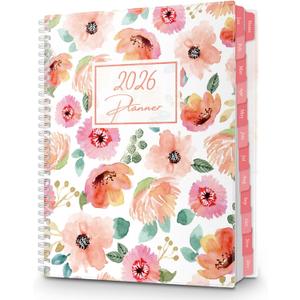 CRANBURY Large Planner 2026, 8.5x11 Weekly Monthly Calendar Agenda, Jan to Dec 2026 Daily Organizer, Floral Theme, Spiral Bound Planner with Tabs, Bookmark, Stickers, Lays Flat