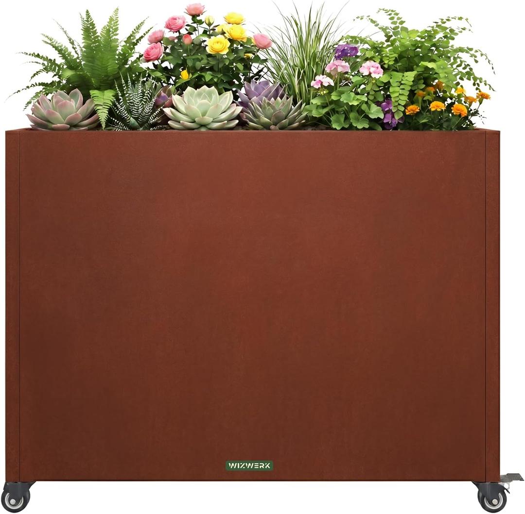 36 Inch Corten Steel Planter Box with Wheels, Tall Outdoor Rolling Planter with Drainage & Removable Shelf, Large Rectangular Weathering Steel Planter for Patio, Porch, Balcony & Garden